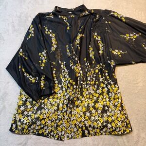 Whimsygoth Vintage 80s Black sheer dark Floral Mock Neck Puff Sleeve Blouse 16